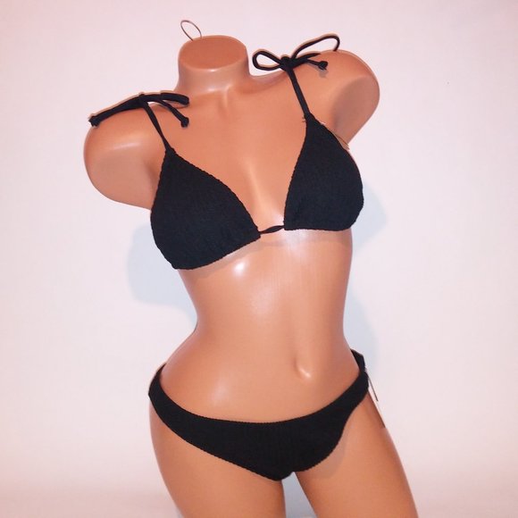 Victoria Secret PINK Swim Bikini Large Top & Bottom Black Ribbed Triangle String - Picture 3 of 11